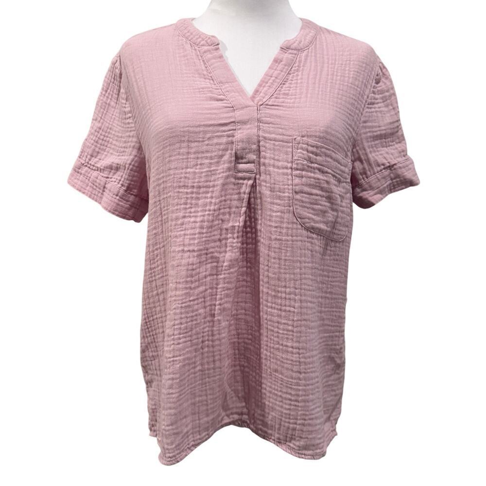 J.Crew Baby Pink Gauze Cotton Top Short Sleeve Pocket Blouse Small Beach Coastal
